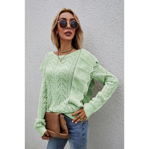 Openwork Round Neck Ruffled Sweater - Picture 10 of 16